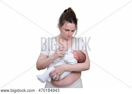 A Mother Woman With A Newly Born Newborn Baby In Her Arms, An Isolated On A White Background. A Chil