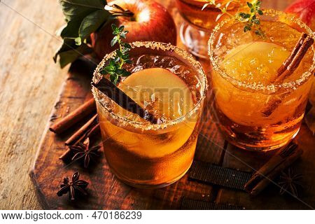 Apple Cider Margarita With Brown Sugar Rim, Cinnamon And Fresh Thyme, Fall Cocktail Or Mocktail Idea