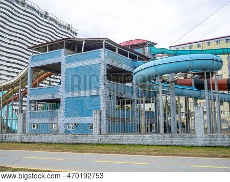 The Building Of The Old Water Park. Waterslides. Closed For The Winter. Off Season For Tourists