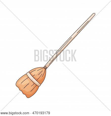 Cartoon Broom For Cleaning And Sweeping The Floor, Vector Isolated On White Illustration.