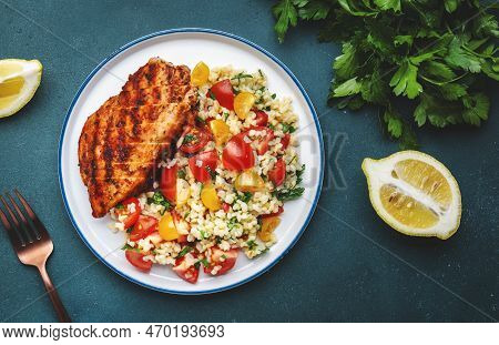 Roasted Chicken Breast With Tabbouleh Salad With Bulgur, Tomatoes And Parsley With Oil Lemon Dressin