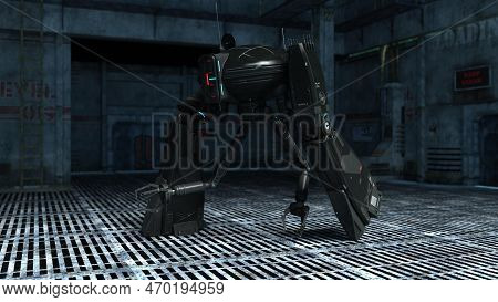 3d-illustration Of A Biped Droid Or Robot In A Science Fiction Starship