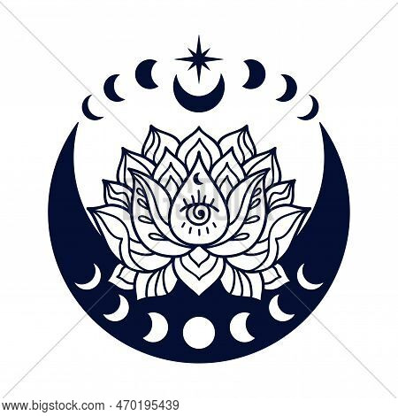 Half Moon And Lotus Flower Mystial Symbol With Moon Phases And Third Eye