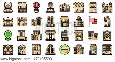 Warsaw Icons Set Outline Vector. Europe City. Capital Building Color Line On White Isolated