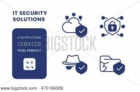 Data Security Solutions Black Solid Desktop Icons Pack. Cloud Computing Provider. Pixel Perfect 128x