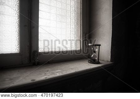 Time Concept. Old Rustic Wall Clock On Old Wooden Table With Copy Space