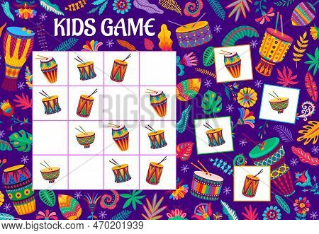 Sudoku Game. Cartoon African Or Brazilian Drums. Kids Sudoku Logical Riddle Or Puzzle Game, Children