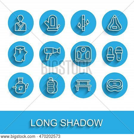 Set Line Teapot With Leaf, Washcloth, Man In The Sauna, Sauna Wood Bench, Bar Of Soap, Hair Dryer, S