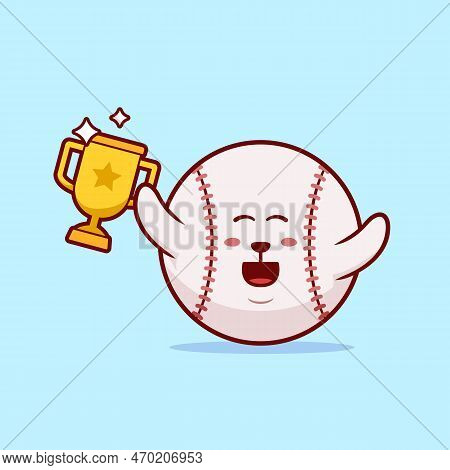 A Charming Vector Illustration Of A Cute Baseball Ball Mascot Holding A Trophy, Celebrating Its Cham