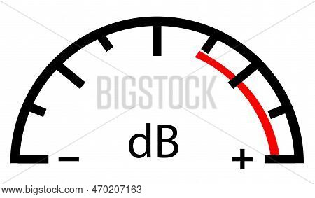 Decibel Meter Scale Icon On White Background. Gauge Sound Symbol. Sign Volume Amplifier Sign. Db Log
