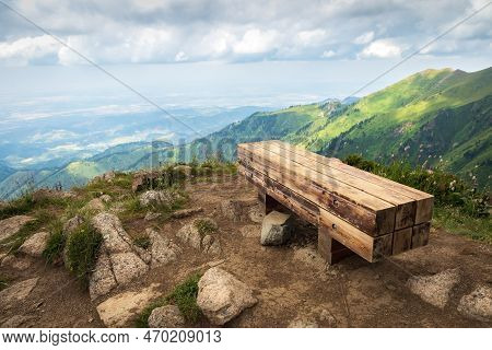 A Bench For A Halt On Furmanov Peak In The Almaty Mountains