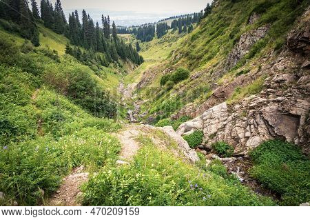 Famous Tourist Hiking Route In The Mountains Of Almaty - Kimasar Gorge, View Towards The City Of Alm