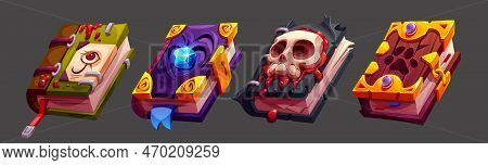 Magic Spell Books, Mystic Alchemy Grimoires, Closed Wizard Diary With Skull, Paw Print, Crystal And 