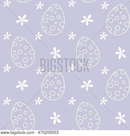 Easter Polka Dot Pattern Eggs And Flowers Seamless Pattern On Pastel Puple Background. Hand Drawn Do