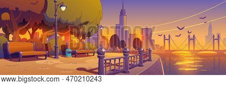 Summer Landscape Of Sea Beach Embankment At Sunset. City Park On River Waterfront With Green Trees, 