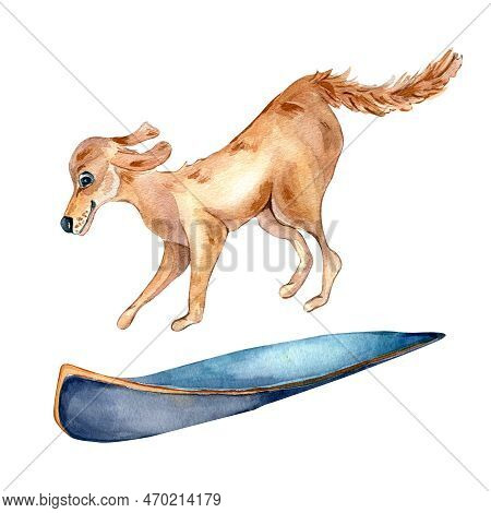 Cartoon Dog And Surfboard Watercolor Illustration Isolated On White.