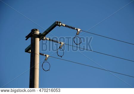 The Last Column Of The New Concrete High-voltage Column. Preparation For The Connection Of A New Dev