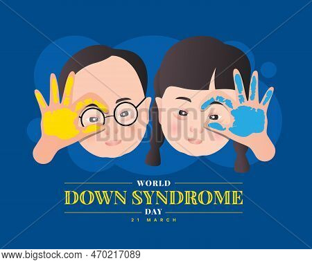 World Down Syndrome Day - Down Syndrome Boy And Girl Are Yellow And Blue Hand Paint Make Hands Shape