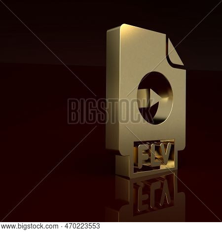 Gold Flv File Document Video File Format. Download Flv Button Icon Isolated On Brown Background. Flv