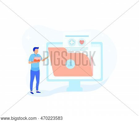 Medical Illustration. Doctor In Hospital Presenting Patients Emrs, Health Insurance And Other Online