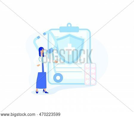 Medical Illustration. Doctor In Hospital Presenting Patients Emrs, Health Insurance And Other Online
