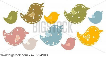 Birds With And Without Texture Set Vector Illustration In Color. The Outline Of The Chicken Is Made 