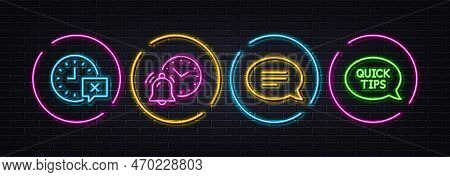 Time, Chat And Alarm Clock Minimal Line Icons. Neon Laser 3d Lights. Quickstart Guide Icons. For Web