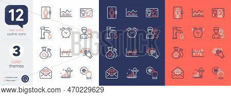 Set Of Web Mail, Elevator And Trade Infochart Line Icons. Include Stock Analysis, Tap Water, Alarm C