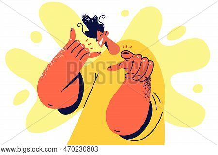 Smiling Man Show Telephone Hand Gesture Point At Screen. Happy Male With Call Me Gesture Show With F