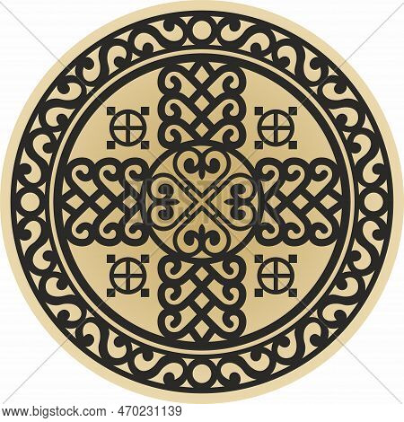 Vector Round Gold Yakut Amulet Protection Of The House. Circle Talisman Protection Of The Family Hea