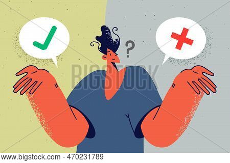 Confused Man Think Of Pros And Cons Solving Problem. Pensive Male Consider Fors And Againsts Making 