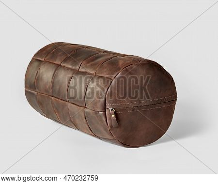 Handmade Brown Genuine Leather Bolster Cushion For Interior Design