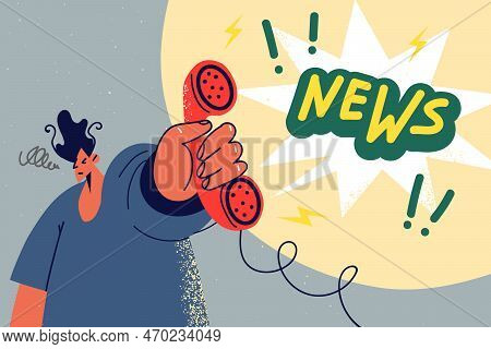 Man Hold Telephone Headset Spread Breaking News. Guy With Phone In Hands Make Announcement Or Share 