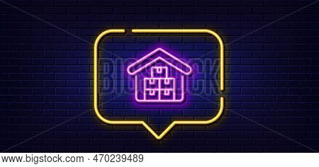Neon Light Speech Bubble. Wholesale Goods Line Icon. Warehouse Boxes Sign. Logistic Inventory Storag