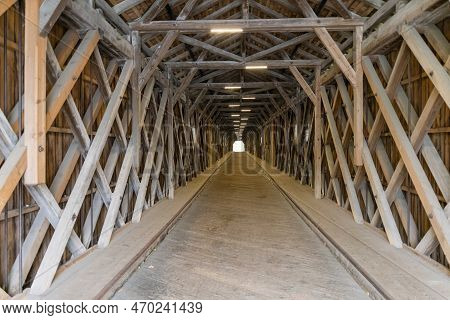 Old Rhine Bridge Between Vaduz In Liechtenstein And Sevelen Located In Canton Of St Gallen, Switzerl