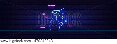 Neon Light Glow Effect. Cleaning Spray Line Icon. Washing Liquid Or Cleanser Symbol. Housekeeping Eq