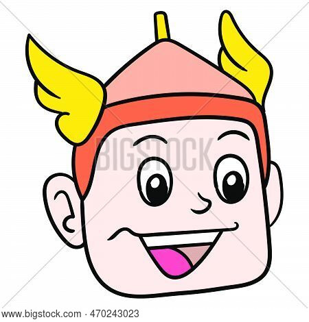 The Head Of The Soldier Wearing A Metal Helmet Head Protector. Doodle Icon Drawing, Vector Illustrat