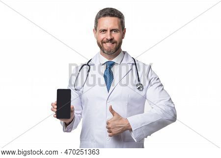 Medical Application. Doctor Showing Medical Phone Application. Emedicine In Your Phone. Thumb Up.