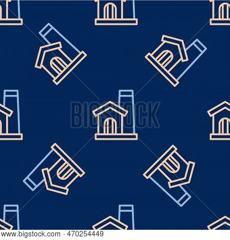 Line Smithy Workshop Interior Icon Isolated Seamless Pattern On Blue Background. Vector