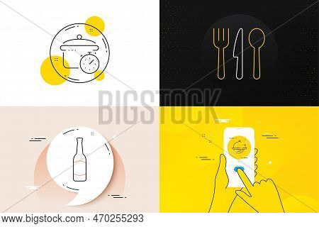 Minimal Set Of Boiling Pan, Food Delivery And Food Line Icons. Phone Screen, Quote Banners. Beer Ico