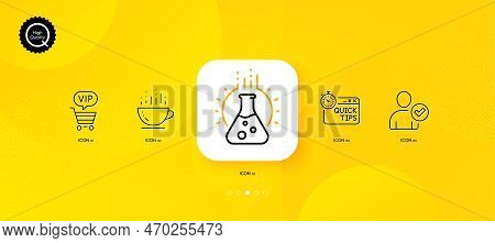 Coffee Cup, Identity Confirmed And Vip Shopping Minimal Line Icons. Yellow Abstract Background. Chem