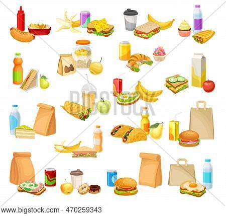 Snacks And Lunch As Kids School Prepacked Meal Big Vector Set