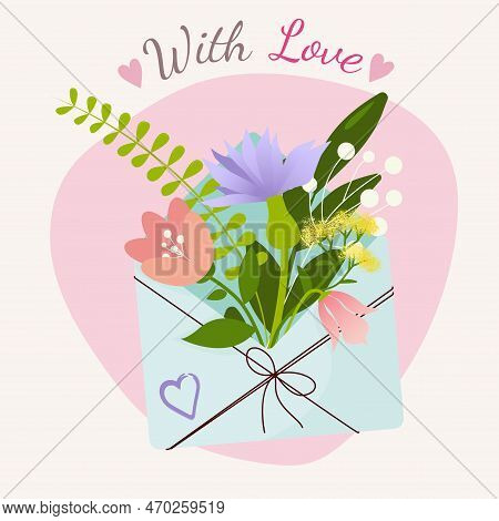 With Love - Valentines Day Concept With Lettering And Bouquet In Envelope. Vector Hand Drawn Illustr