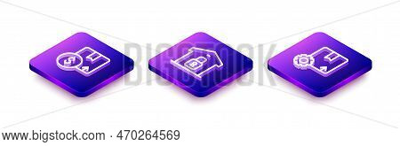 Set Isometric Line Carton Cardboard Box, Closed Warehouse And Gear With Package Icon. Vector