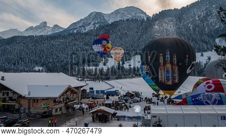 Chateau-d'oex,vaud, Switzerland - 23 January 2023: Hot Air Balloon. People Working For The Preparati