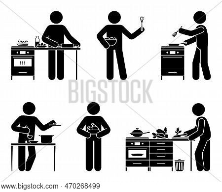 Stick Figure Person Cooking At Home Kitchen Vector Set. Stickman Baking Pie, Frying, Pouring Soup, C