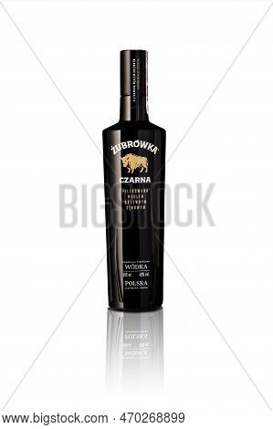 Tallinn, Estonia - January, 2023. Zubrowka Czarna, Poland Vodka Zubrowka