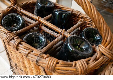 Old Industrial Wicker Basket For Carrying Champagne Bottles In Champagne Wine Production Region, Fra