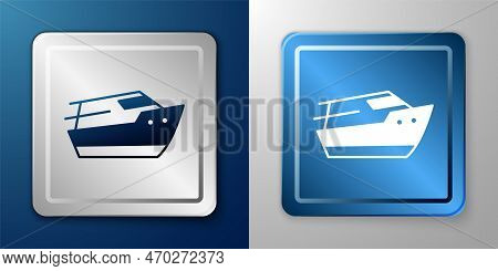 White Speedboat Icon Isolated On Blue And Grey Background. Silver And Blue Square Button. Vector