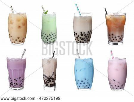 Set With Different Flavors Of Bubble Tea On White Background